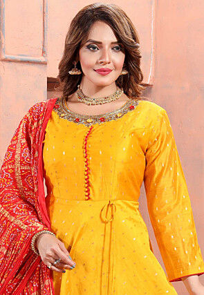 Woven Chanderi Silk Jacquard Abaya Style Suit in Mustard