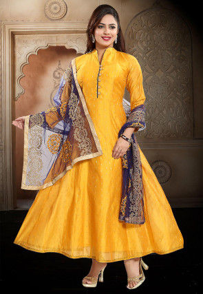 Woven Chanderi Silk Jacquard Abaya Style Suit in Mustard