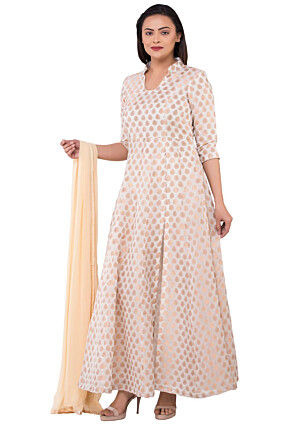 Woven Chanderi Silk Jacquard Abaya Style Suit in Off White