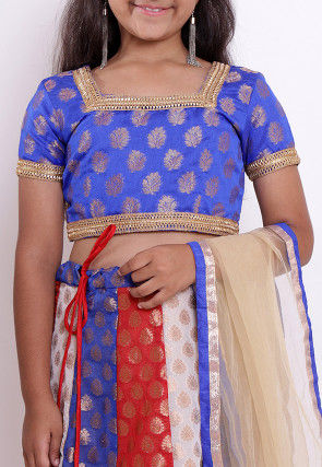 Woven Chanderi Silk Jacquard Lehenga in Multicolor and Royal Blue