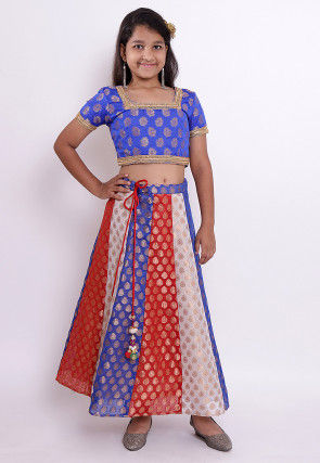 Woven Chanderi Silk Jacquard Lehenga in Multicolor and Royal Blue