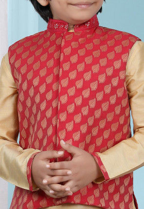 Woven Chanderi Silk Jacquard Nehru Jacket in Red