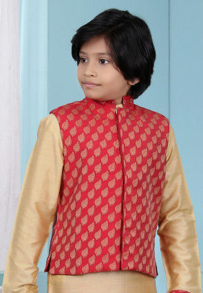 Woven Chanderi Silk Jacquard Nehru Jacket in Red
