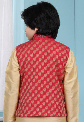 Woven Chanderi Silk Jacquard Nehru Jacket in Red