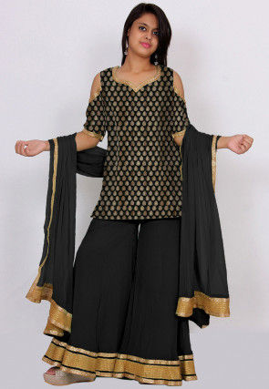 Woven Chanderi Silk Jacquard Pakistani Suit in Black