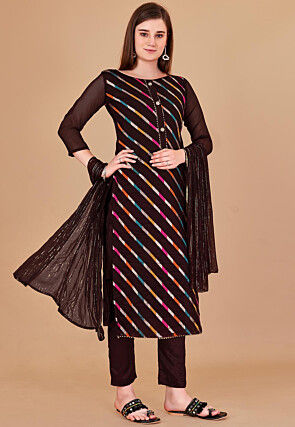 Woven Chanderi Silk Jacquard Pakistani Suit in Brown