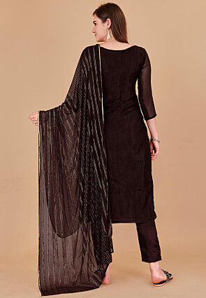 Woven Chanderi Silk Jacquard Pakistani Suit in Brown