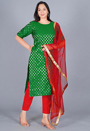 Woven Chanderi Silk Jacquard Pakistani Suit in Dark Green