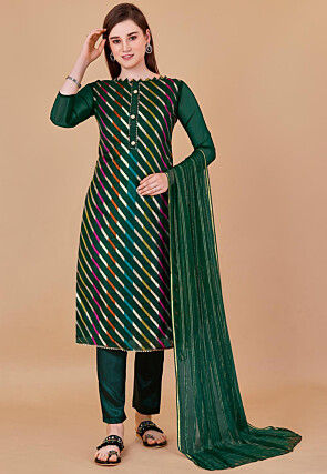 Woven Chanderi Silk Jacquard Pakistani Suit in Dark Green