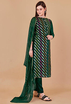 Woven Chanderi Silk Jacquard Pakistani Suit in Dark Green