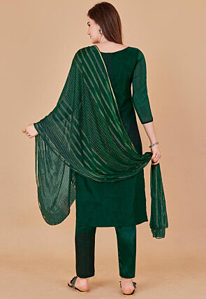 Woven Chanderi Silk Jacquard Pakistani Suit in Dark Green