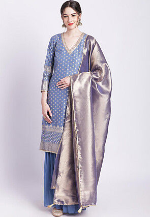 Woven Chanderi Silk Jacquard Pakistani Suit in Dusty Blue
