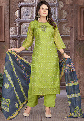 Woven Chanderi Silk Jacquard Pakistani Suit in Green