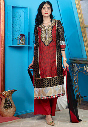 Woven Chanderi Silk Jacquard Pakistani Suit in Maroon