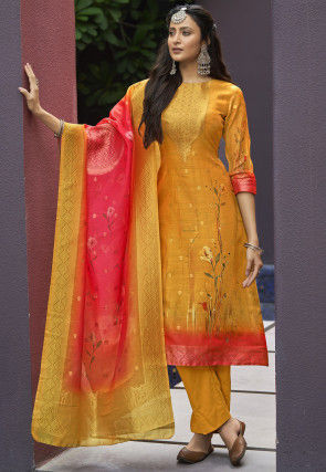 Woven Chanderi Silk Jacquard Pakistani Suit in Mustard