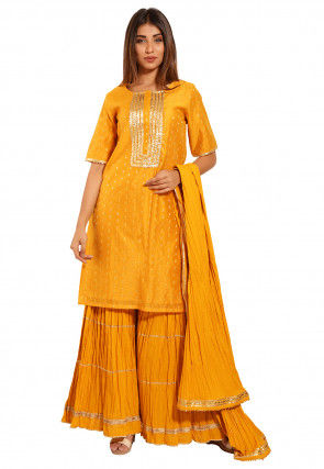 Woven Chanderi Silk Jacquard Pakistani Suit in Mustard