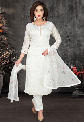 Woven Chanderi Silk Jacquard Pakistani Suit in Off White
