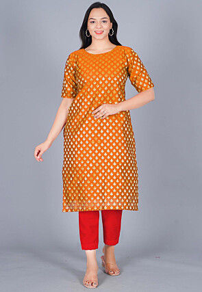 Woven Chanderi Silk Jacquard Pakistani Suit in Orange