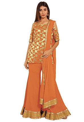 Woven Chanderi Silk Jacquard Pakistani Suit in Orange