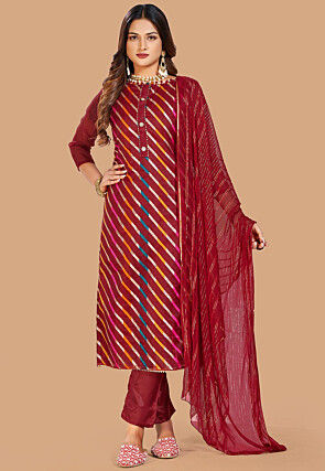 Woven Chanderi Silk Jacquard Pakistani Suit in Red
