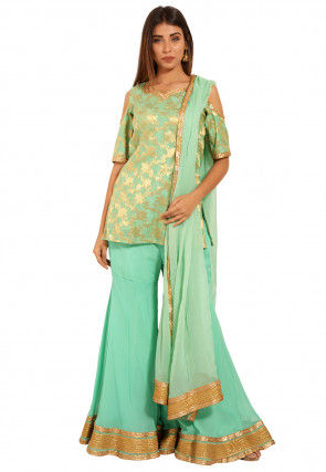 Woven Chanderi Silk Jacquard Pakistani Suit in Sea Green