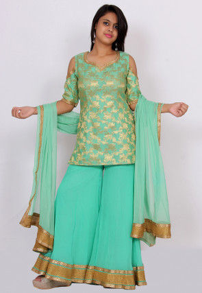 Woven Chanderi Silk Jacquard Pakistani Suit in Sea Green