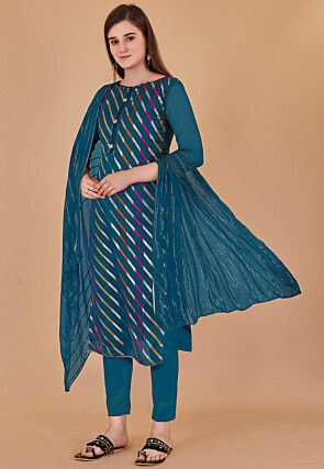 Woven Chanderi Silk Jacquard Pakistani Suit in Teal Blue