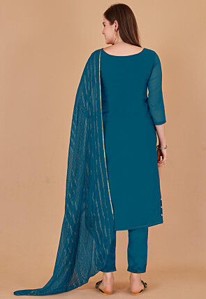 Woven Chanderi Silk Jacquard Pakistani Suit in Teal Blue