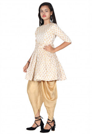 Woven Chanderi Silk Jacquard Pleated Kurti Set in Off White