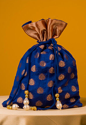 Woven Chanderi Silk Jacquard Potli Bag in Royal Blue