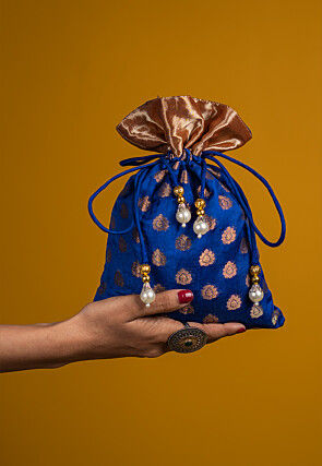 Woven Chanderi Silk Jacquard Potli Bag in Royal Blue