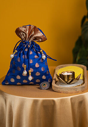 Woven Chanderi Silk Jacquard Potli Bag in Royal Blue