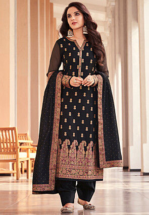 Woven Chanderi Silk Jacquard Punjabi Suit in Black