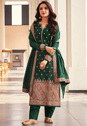 Woven Chanderi Silk Jacquard Punjabi Suit in Dark Green