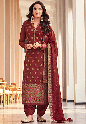Woven Art Silk Jacquard Punjabi Suit in Maroon
