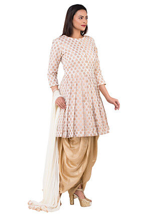 Woven Chanderi Silk Jacquard Punjabi Suit in Off White