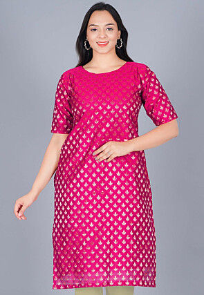 Woven Chanderi Silk Jacquard Straight Kurta in Fuchsia