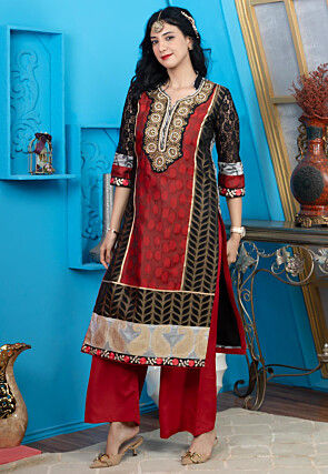 Woven Chanderi Silk Jacquard Straight Kurta in Maroon