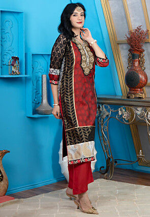 Woven Chanderi Silk Jacquard Straight Kurta in Maroon