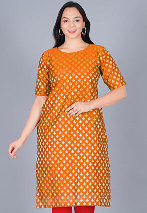 Woven Chanderi Silk Jacquard Straight Kurta in Orange