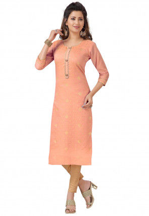 Woven Chanderi Silk Jacquard Straight Kurta in Peach