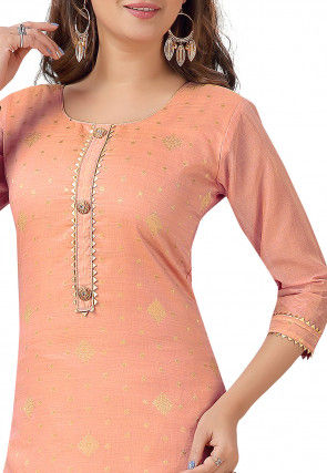 Woven Chanderi Silk Jacquard Straight Kurta in Peach