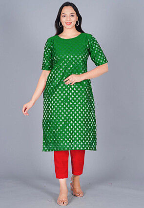 Woven Chanderi Silk Jacquard Straight Kurta Set in Dark Green