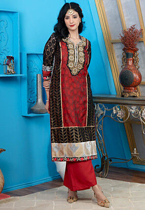 Woven Chanderi Silk Jacquard Straight Kurta Set in Maroon