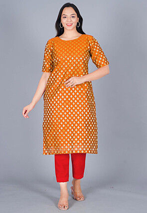 Woven Chanderi Silk Jacquard Straight Kurta Set in Orange