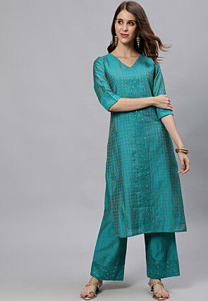 Woven Chanderi Silk Jacquard Straight Kurta Set in Teal Blue