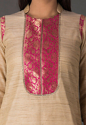 Woven Chanderi Silk Jacquard Straight Suit in Beige