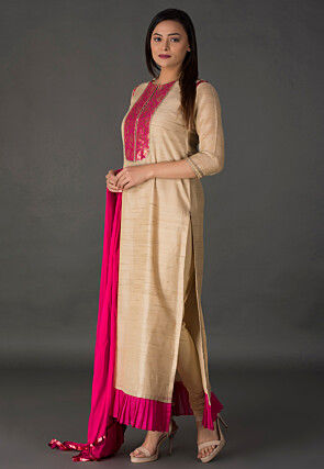 Woven Chanderi Silk Jacquard Straight Suit in Beige