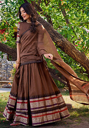 Woven Chanderi Silk Lehenga in Brown