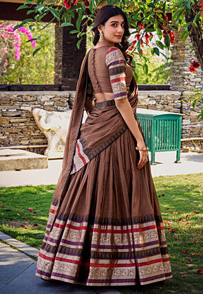 Woven Chanderi Silk Lehenga in Brown